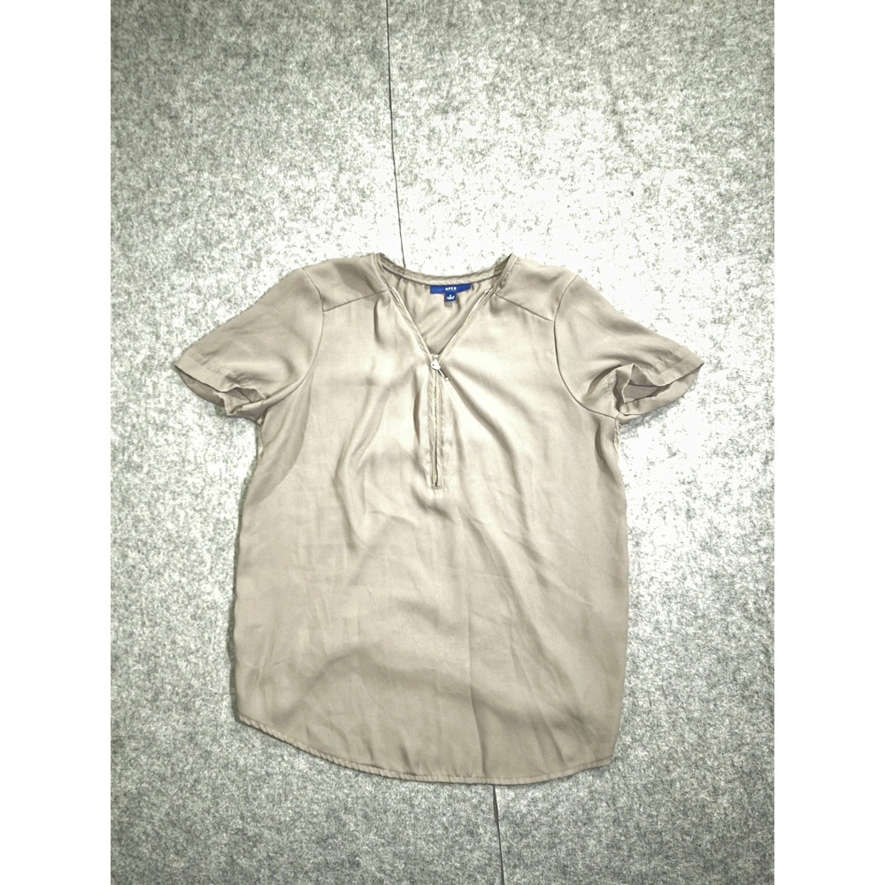 Apt. 9 Womens Taupe Short Sleeve Half Zip Mixed Media Blouse Top Small